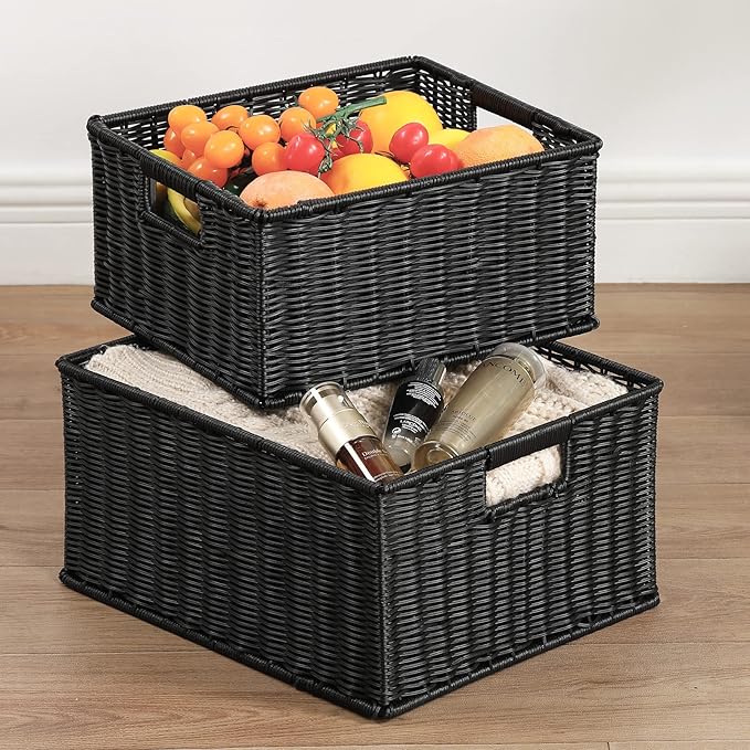 HOONEX Large Wicker Baskets for Storage, Plastic Baskets for Organizing with Dual Handles, Woven Baskets for Storage, Set of 2, (Black, 15 x 12.8 x 7.5 inches)