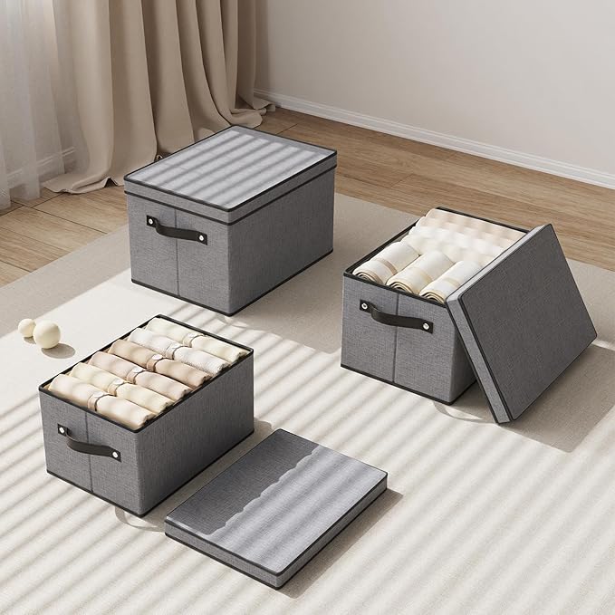 Fabric Storage Boxes, 7.1 x 9.1 x 13 Inch Baskets for Shelves with Lids, Wardrobe Organiser with Handles, Decorative Linen Closet Organizer Bins, Gray, 5 Pack