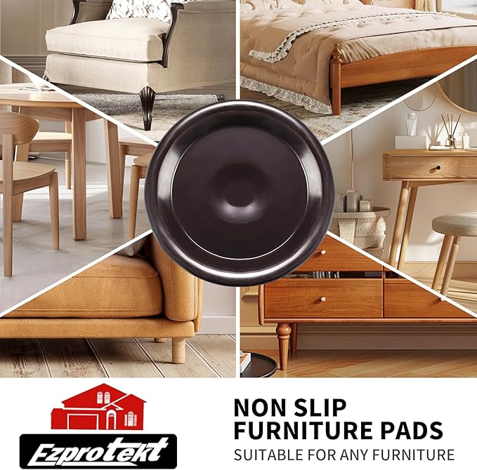 Ezprotekt 1 5/8" Round Non Slip Furniture Pads for Hardwood & Tile Floors, 16 Pcs Anti Skid Furniture Coasters Cups Floor Protectors for Bed, Sofa, Table, Chair, Cabinet, Brown/Black