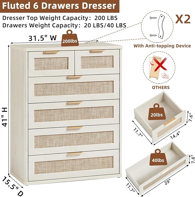 LEYAOYAO White Dresser for Bedroom Set of 2, 42" Tall Chest of Drawers, Modern 6 Drawers Boho Rattan Dressers with Storage, Dresser Wooden Closet Organizer for Living Room, Hallway