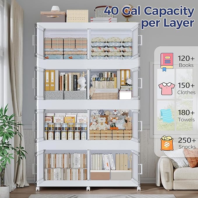 200GAL Storage Bins with Lid and Wheels, Stackable Closet Organizers and Storage Drawer, Collapsible Storage Box with Dividers, Foldable Plastic Cabinets Cubes Totes for Garage, 5 Pack White