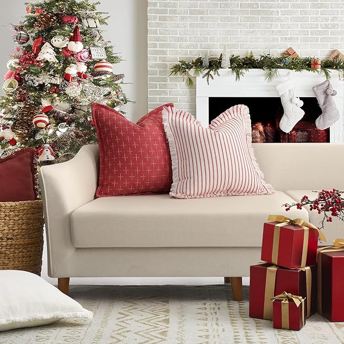ZWJD Christmas Pillow Covers 24x24 Set of 2 Soft Polyester Textured Red Pillows with Stylish Flange Edge Cozy Farmhouse Christmas Decor for Couch Bed Sofa Living Room (Red)
