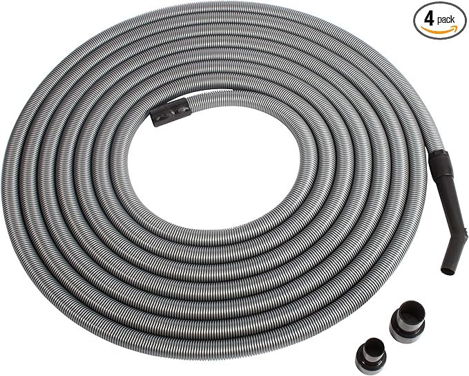 Cen-Tec Systems 50 Ft. Premium Shop Vacuum Extension Hose with 2 tank adapters and 1.25" curved end, Silver