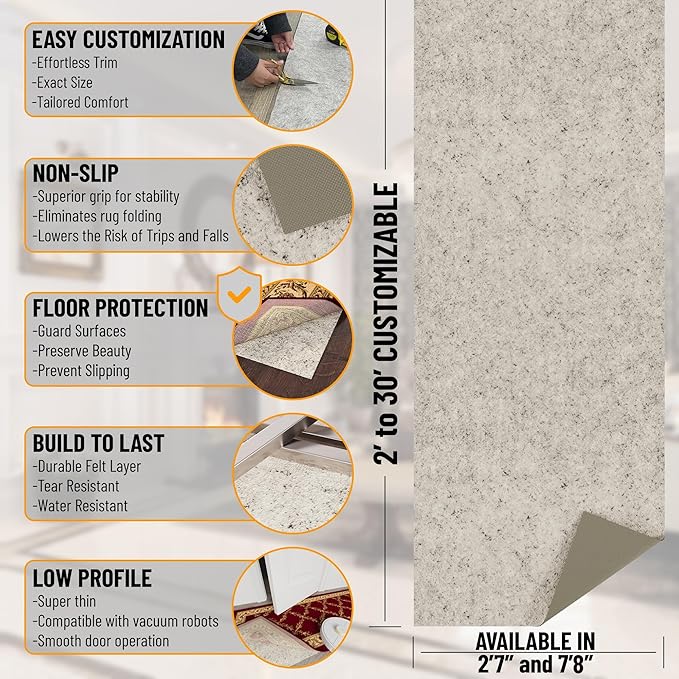 Ottomanson 7'8" x 12' Non-Slip Rug Pad Gripper 1/12 Inch Ultra Thin Dual Surface Felt + Rubber Gripper - Safe for All Floors, Cream