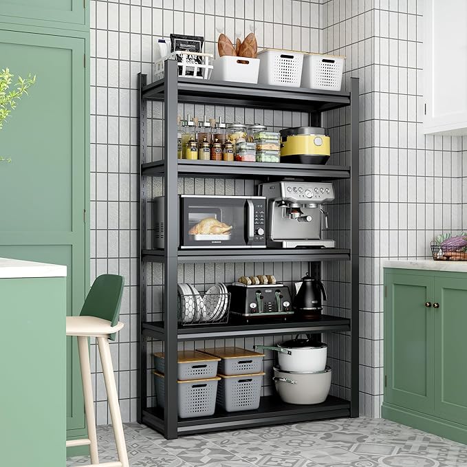 72" H Garage Shelving, Metal Storage Shelves, Adjustable 5 Tier Storage Rack, Heavy Duty Shelving, Industrial Utility Shelf for Garage, Warehouse, Bedroom, Kitchen, 24" D×48" W×72" H, Black
