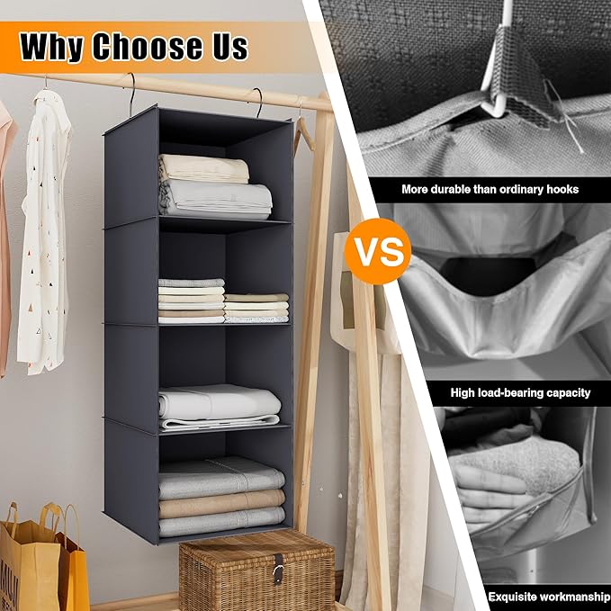 Hanging Closet Organizer, Easy Mount Foldable 4-Shelf Hanging Closet Wardrobe Storage Shelves, Clothes Handbag Shoes Accessories Storage, Washable Oxford Cloth Fabric, Dark Grey