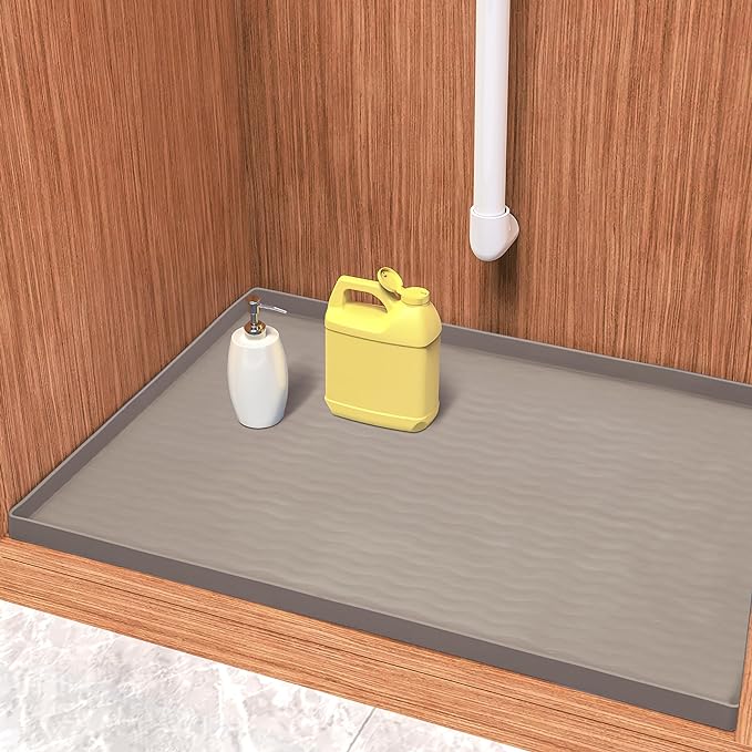 URMONA Waterproof Silicone Under Sink Mat 19'' x 19'' Shelf Liner for Kitchen and Bathroom, Cabinet and Counter Protector, Storage and Organizers, Litter Mat, Pet Cat Puppy Essentials(Beige)
