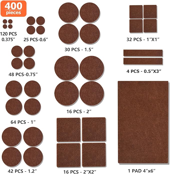 Felt Furniture Pads 400 Pieces, Furniture Pads for Hardwood Floors, Floor Protectors for Furniture Legs, Felt Pads for Furniture, Many Large Sizes Brown