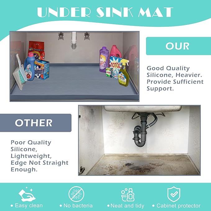 URMONA Waterproof Silicone Under Sink Mat 22'' x 19'' Shelf Liner for Kitchen and Bathroom, Cabinet and Counter Protector, Storage and Organizers, Litter Mat, Pet Cat Puppy Essentials(Dark Grey)