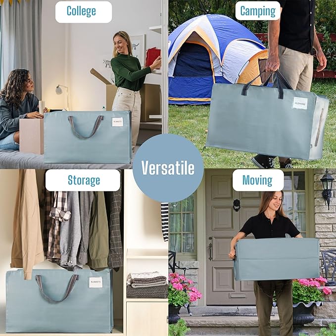 VENO 4 Pack Moving and Storage Bags, Heavy Duty, Alternative to Moving Boxes, Large Packing Totes Supplies for College Dorm Room with Zipper for Clothes, Wide Open Design (Light Blue Matte, 4 Pack)