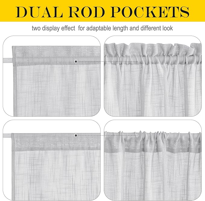 NICETOWN Linen Door Curtains 40 Inches Long, Dual Rod Pocket Semi Sheer Sidelight French Door Curtains for Kitchen Glass with Tieback for Privacy Protection, W26 x L40, 1 Panel, Light Grey