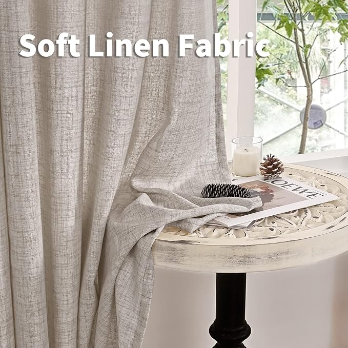 YoungsTex Natural Linen Curtains 60 Inch Wide Back Tab Textured Window Drapes 63 Inch Window Length for Living Room Light Filtering, 2 Panels