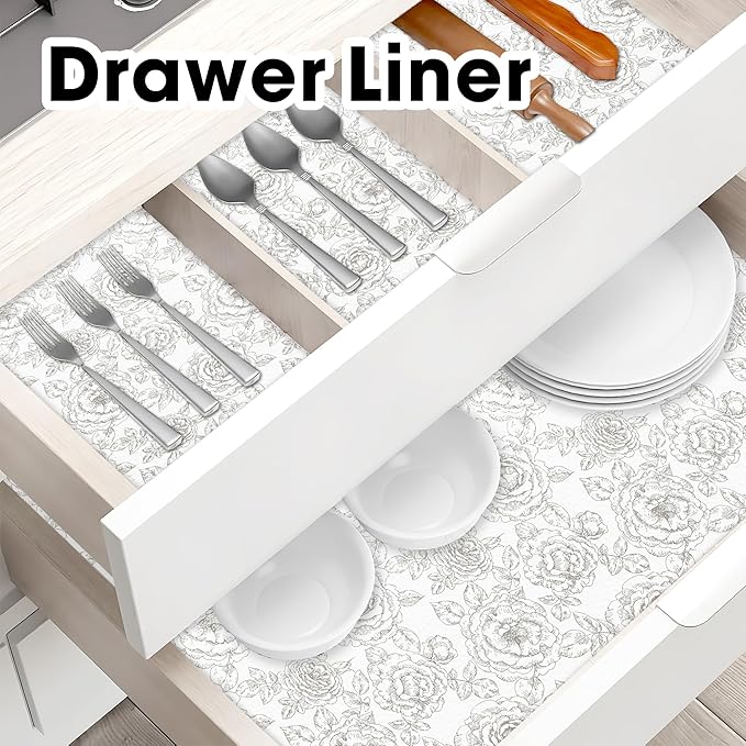 Drawer and Shelf Liner for Kitchen Cabinets Non-Adhesive, Non-Slip Cabinet Liner Shelf Paper Strong Grip Waterproof Easy to Clean for Kitchen Shelves Cupboard, Flower,12IN X 30FT