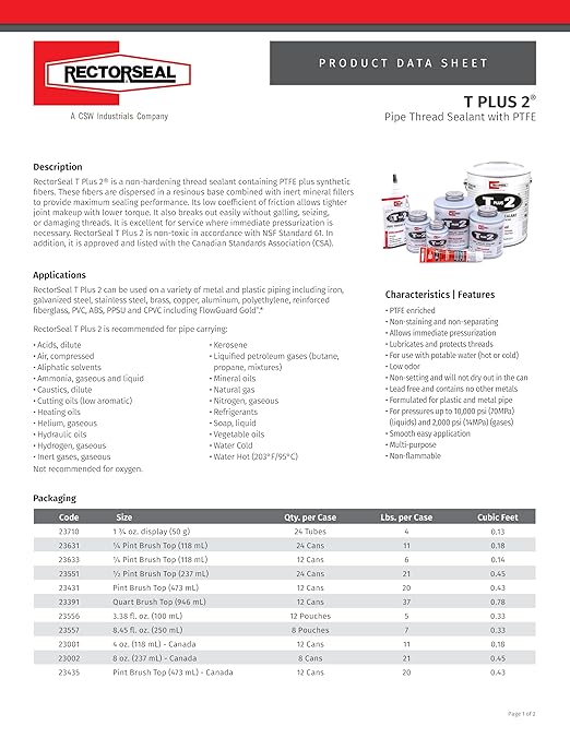 Rectorseal 23710 1-3/4-Ounce Tube T Plus Pipe Thread Sealant , White