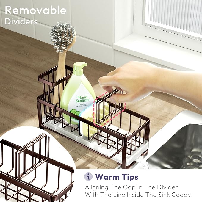 SWTYMIKI Sponge Holder for Kitchen Sink - Sink Caddy with Brush Holder Self-draining Sponge Caddy Organizer with Divider Stainless Steel Kitchen Accessories Storage for Countertop, Bronze