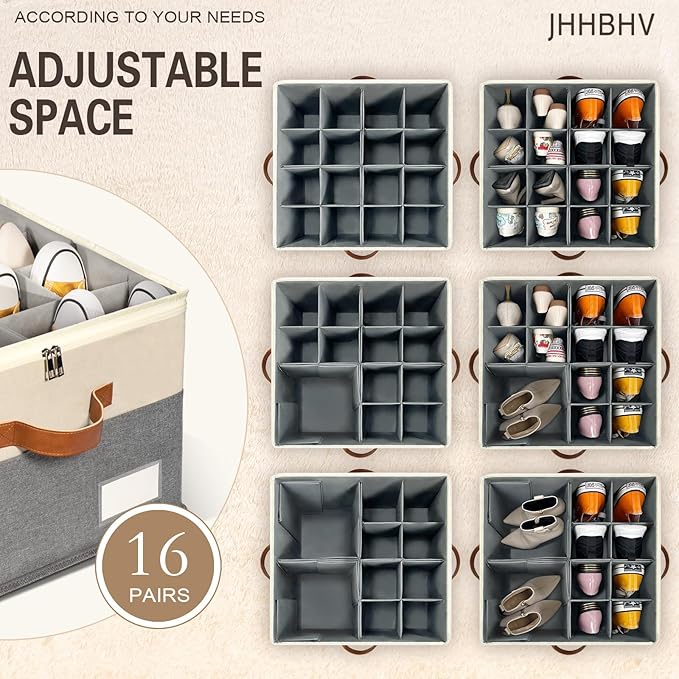 2 Pack Shoe Organizer for Closet, Adjustable Shoe Box Storage Containers, Large Foldable Shoe Bins with Clear Cover, Space Saving Shoes Holder with 4 Handles, Fits 16-32 Pairs, Beige