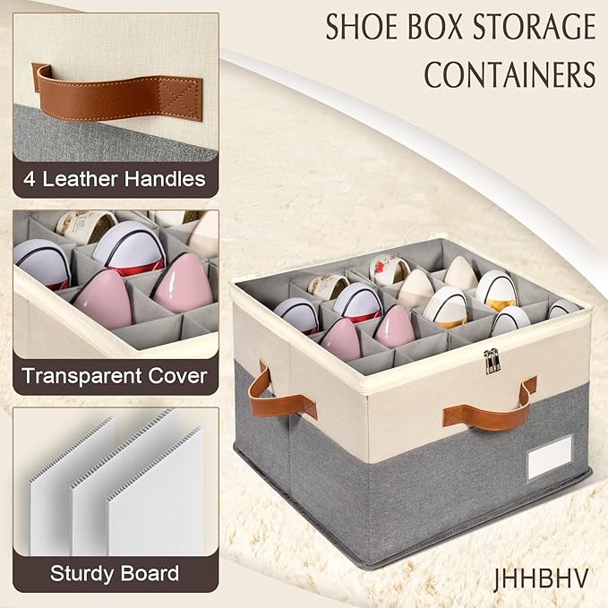 2 Pack Shoe Organizer for Closet, Adjustable Shoe Box Storage Containers, Large Foldable Shoe Bins with Clear Cover, Space Saving Shoes Holder with 4 Handles, Fits 16-32 Pairs, Beige