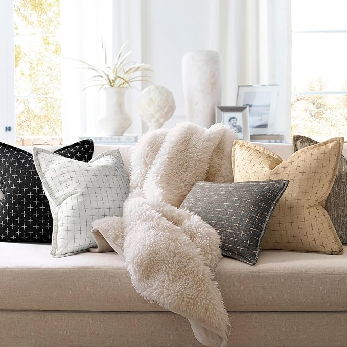 ZWJD Pillow Covers 16x16 Set of 2 Soft Polyester Textured Pillow Covers with Stylish Flange Edge Cozy Farmhouse Throw Pillows for Couch Bed Sofa Living Room