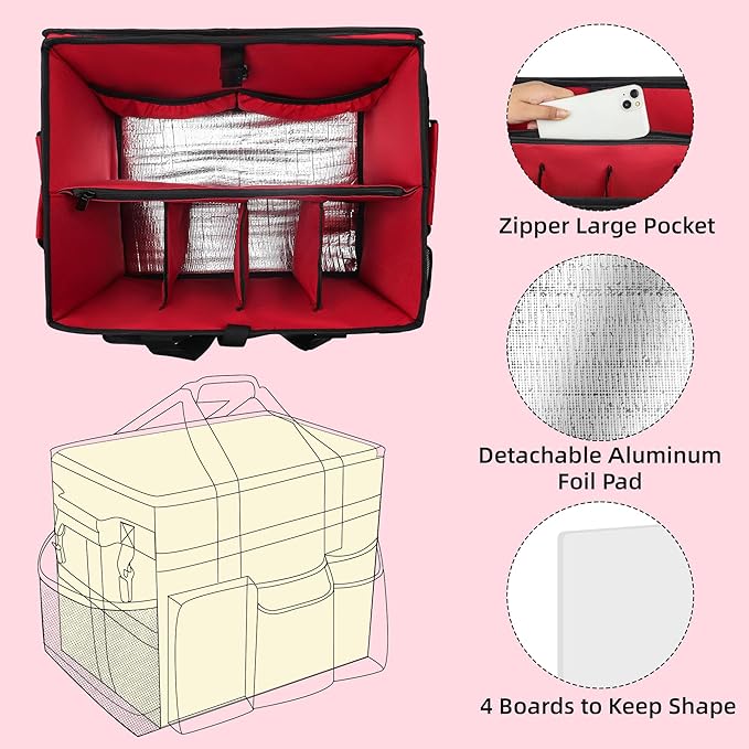 Rolling Cleaning Caddy Bag with Wheels, Large Cleaning Cart Detachable Trolley, Cleaning Bags for Housekeepers With Shoulder Strap & Multi Pockets for Cleaning Tools Storage (Red)