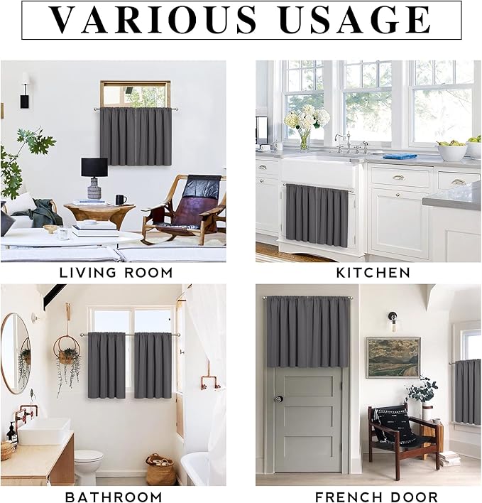 RYB HOME Blackout Curtains for Kitchen, Over Sink Privacy Curtains Window Decor, Thermal Insulating Drapes for Bathroom Cafe Bedroom Small Window, W 42 x L 24 inch, Grey, 2 Panels