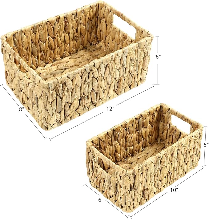 HOONEX Water Hyacinth Storage Baskets, Wicker Baskets for Storage, Hand Woven Baskets with Carry Handles, Set of 2, Natural