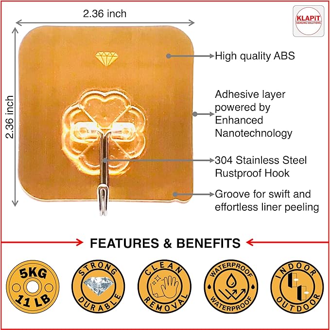 KLAPiT Super Hook - Heavy-Duty Adhesive Gold Wall Hooks, Holds Up to 11 lbs, Waterproof, No Damage, Easy Install on Tile, Wood, Stone, Glass & Metal - Made of Steel (Gold, 4pc)
