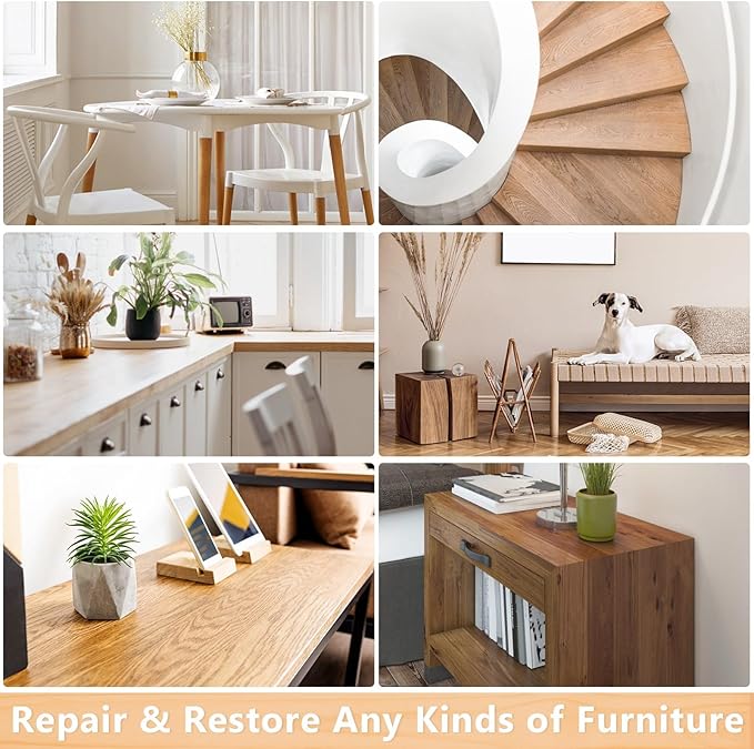 Wood Furniture Repair Kit - 6 Oak Color Wood Fillers with 6 Touch Up Markers and Wood Polish Wax for Wooden Stains, Scratch Repair, Cracks, Perfect for Laminate, Cabinet, Tables, Oak, Walnut