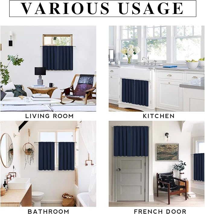 RYB HOME 45 inch Length Curtains for Kitchen, Room Darkening Narrow Window Drapes Thermal Insulated Privacy Covers for Basement RV Camper, W 29 x L 45 inch, Set of 2, Navy Blue