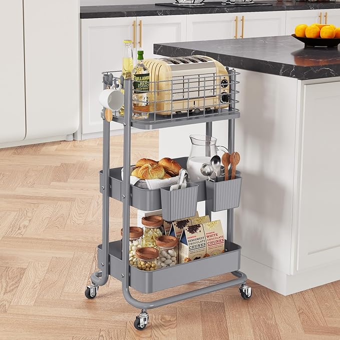 KINGRACK 3 Tier Metal Rolling Cart, Kitchen Organizers and Storage, Slim Storage Cart on Wheels, Laundry Room Organization, Diaper Cart Shelving Unit for Bathroom, Office, Bedroom, Grey