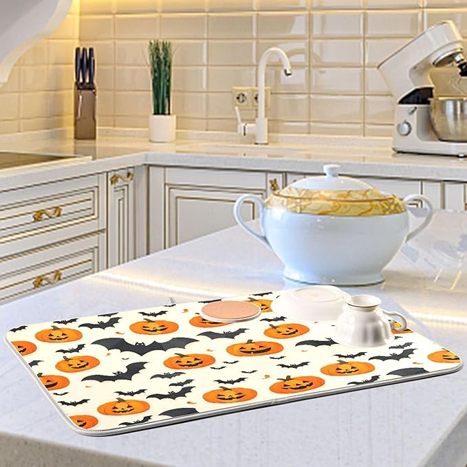 Halloween Black Bat Dish Drying Mat for Kitchen Countertop 18x24 Spooky Evil Pumpkin Lantern Large Drying Mat Reusable Quick Dry Dish Sink Mats Easy Clean Decorative Essentials