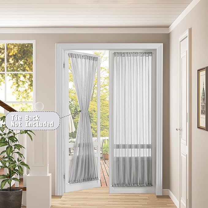Tollpiz Sheer Door Curtains Closet Linen Textured Curtains Sheer Doorway Light Filtering Voile Rod French Door Pocket Curtain Patio Glass Door, 25 x 72 inches Long, Silver Grey, Set of 1 Panel