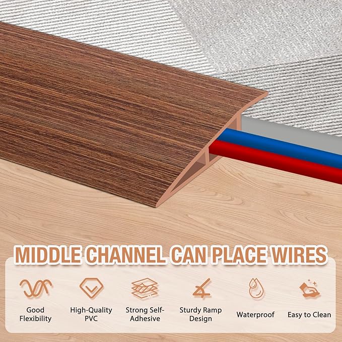 Floor Transition Strip Self Adhesive Vinyl Door Threshold for Doorways Carpet Edging Trim Overlap Edge Reducer for Laminate Floor, Carpet, Tile (Light Brown Wood Grain, 1/5" to 2/5", 10Ft)