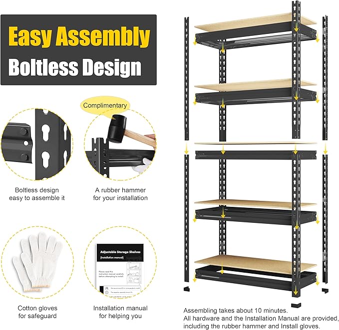 PrimeZone 32"W x 16"D x 63" H Storage Shelves - 2 Pack 5 Tier Adjustable Garage Storage Shelving, Heavy Duty Metal Storage Organizer Utility Rack Shelf Unit for Warehouse Pantry Closet Kitchen, Black