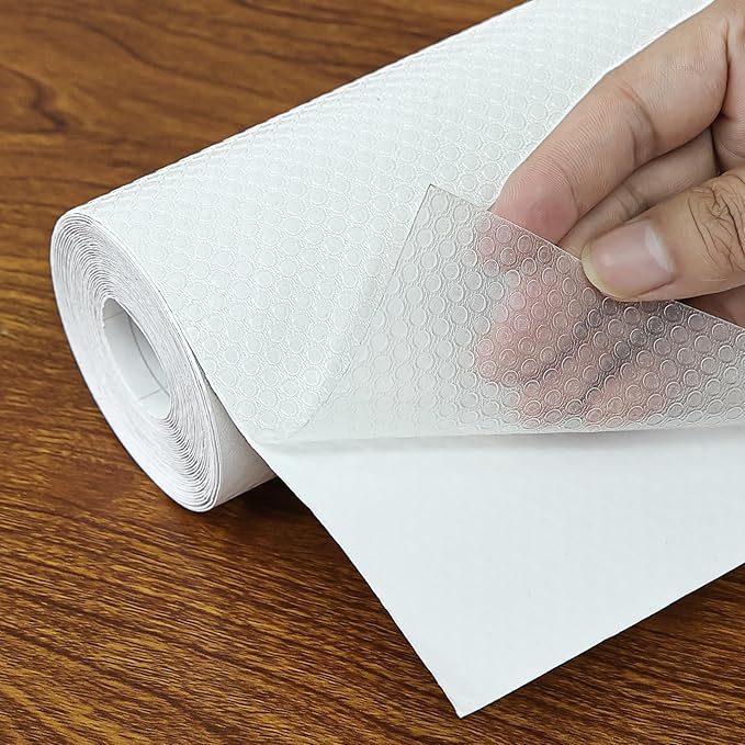 Shelf Liners 14 in x 20 ft Self-Adhesive EVA Drawer Mats, Cupboard Protector, Kitchen Cabinet Lining Fridge Liner (Clear Flat Dot, 35.6x610cm)