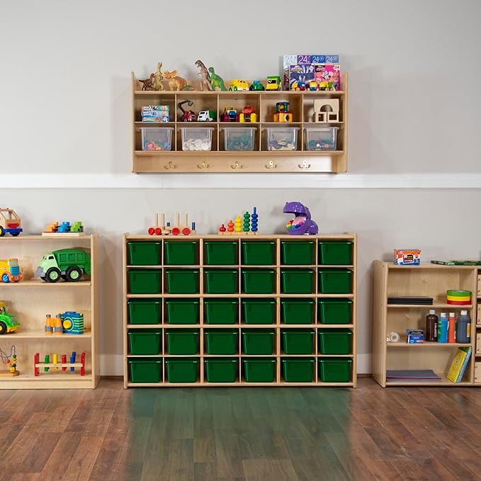 Wood Designs Cubby Storage Bin, Heavy Duty Plastic Containers for Kids Green Cubby Tray Set of 12