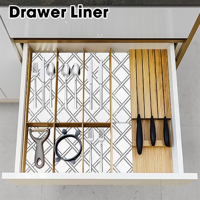 Drawer and Shelf Liner for Kitchen Cabinets Non-Adhesive Cabinet Liners for Shelves Strong Grip Non Slip Waterproof Cupboard Liner for Dresser Refrigerator, Bathroom,Geometric,17.5IN X 10FT
