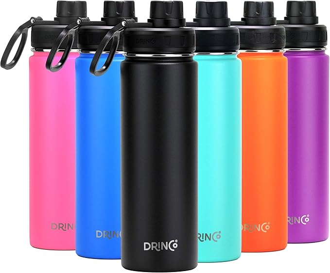 Drinco Stainless Steel Water Bottle Spout Lid Vacuum Insulated Double Wall Water Bottle Wide Mouth (40oz 32oz 22oz 18oz 14oz) Leak Proof Keep Cold Sport Camping Hiking (22 oz, 22oz Black)