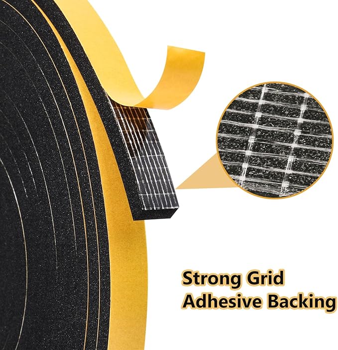 Black Weather Stripping Door Seal Strip (3/5 Inch X 1/2 Inch X 10Feet), Strong Adhesive, Lightproof, Soundproof, Weatherproof Foam Tape Insulation for Sliding Door, Front Door Frame, Windows