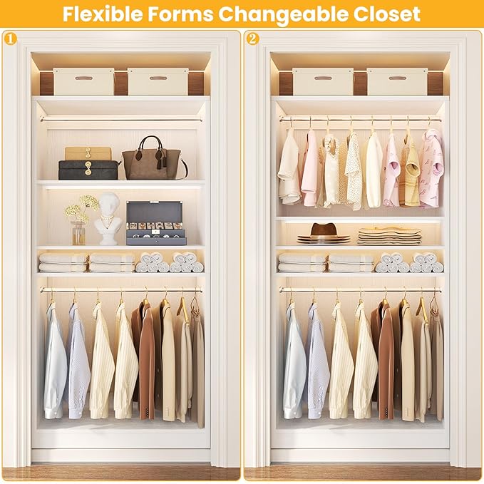 Unikito 3FT Freestanding Closet System with 2 Hanging Rods & Adjustable Shelve, 36'' Wood Closet Organizer System, Clothes Garment Rack, Sturdy Walk-in Closet Tower, Easy Assembly, Hold 800LBS, White