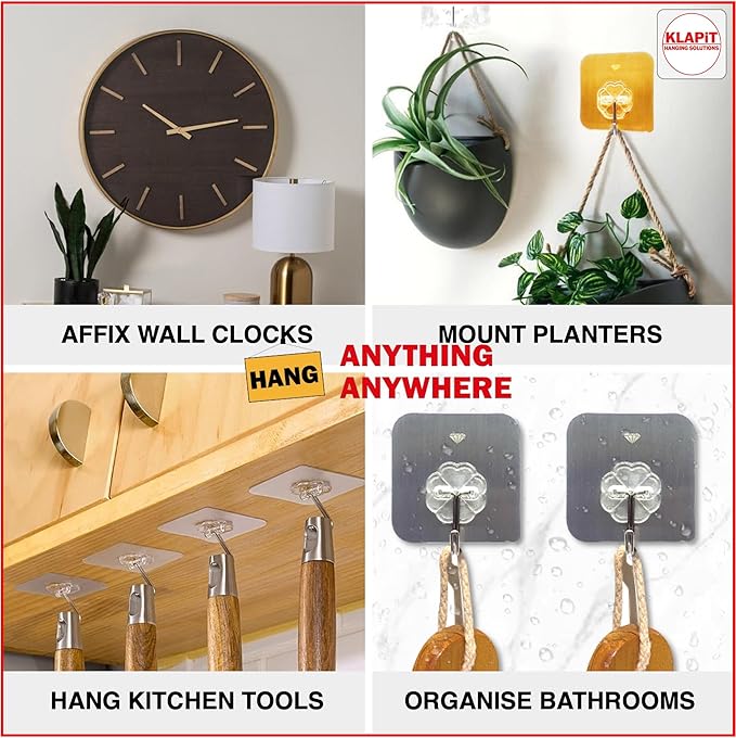 KLAPiT Super Hook - Heavy-Duty Adhesive Wall Hooks, Holds Up to 11 lbs, Waterproof, No Damage, Easy Install on Tile, Wood, Stone, Glass & Metal - Made of Steel (Silver, 4pc)