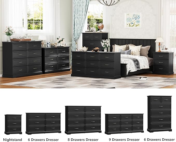 9 Drawer Dresser for Bedroom, 63" Wide Wooden Chest of Drawers, Rustic Farmhouse Dresser with Large Drawers & Metal Handles, Modern Storage Organizer for Closet, Living Room, Hallway, Black