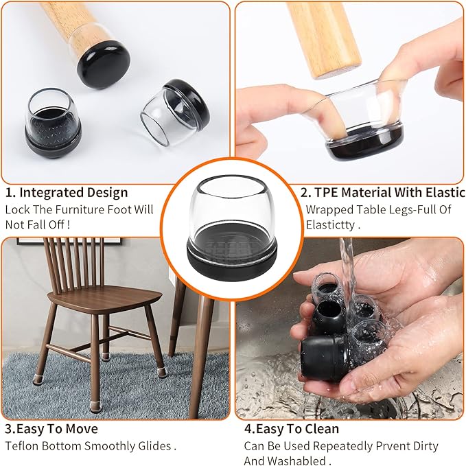 Ezprotekt 24 Pcs Clear Chair Leg Sliders for Carpet, Round Teflon Furniture Glides for Rug, Carpet Sliders Protectors Caps for Dining Table Chair, Bar Stool Legs (L Fit: 1-1/10" to 1-3/10")
