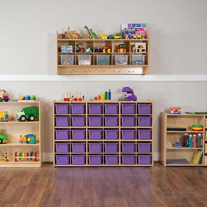 Wood Designs Cubby Storage Bin, Heavy Duty Plastic Containers for Kids Purple Cubby Tray Set of 25