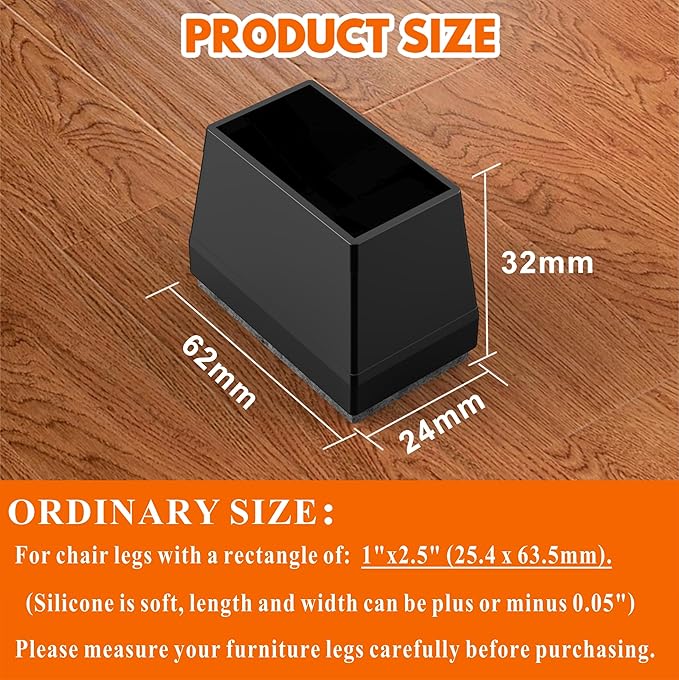 Rectangle Chair Leg Protectors for Hardwood Floors,16 PCS Silicone Covers to Protect Wood Tile Floors Felt Pads Furniture Leg Caps Reduce Noise. Easy to Move. (Black, 1 x 2.5 Inch,Rectangular).