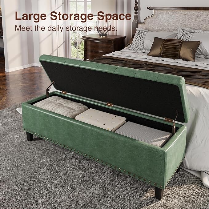 Storage Ottoman Bench, 51-Inch Large Storage Bench for Bedroom End of Bed, 30 Gallons Faux Leather Bench for Bedroom, Living Room, Entryway, Hallway, Green
