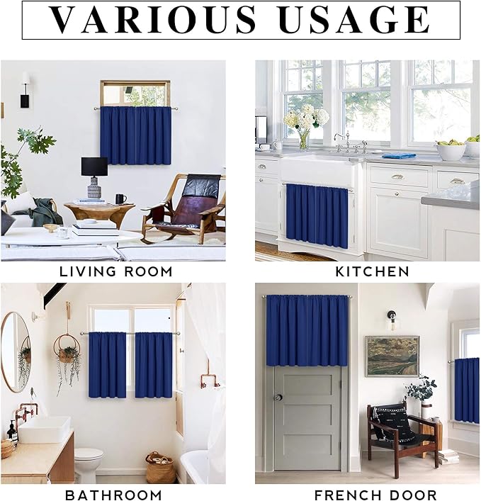 RYB HOME Small Curtains for Kitchen Window - Blackout Privacy Portable Curtain Set for Bedroom Office Bathroom Basement Garage Storage Enclosure RV Bunk, W 34 x L 30 inch, Marine Blue, 2 Pcs