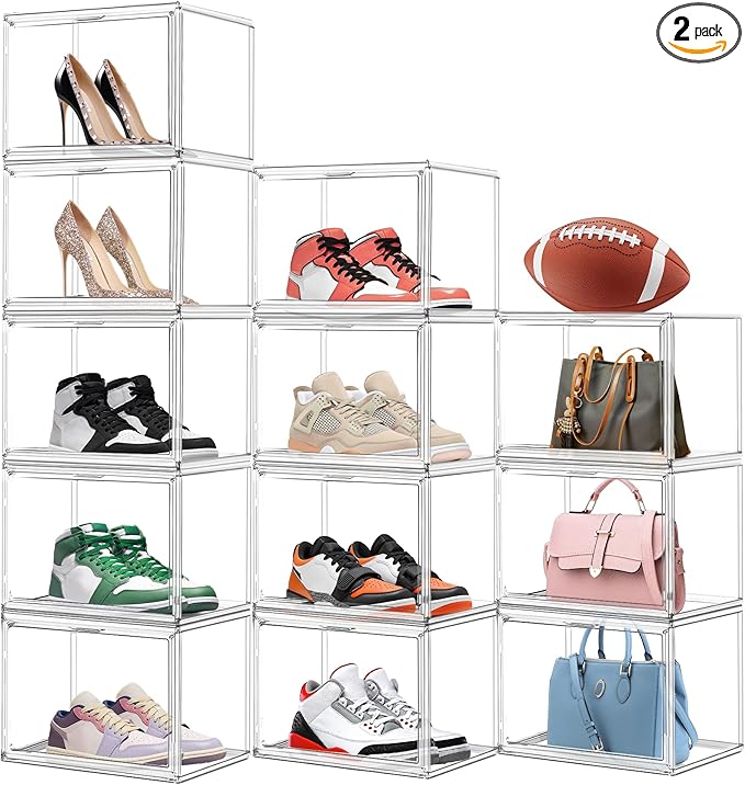 12 Pack Thicken Shoe Rack Organizer for Closet Acrylic Shoe Box with Magnetic Door Sneaker Display Case Handbag Purse Organizer, Fit up to US Size 14
