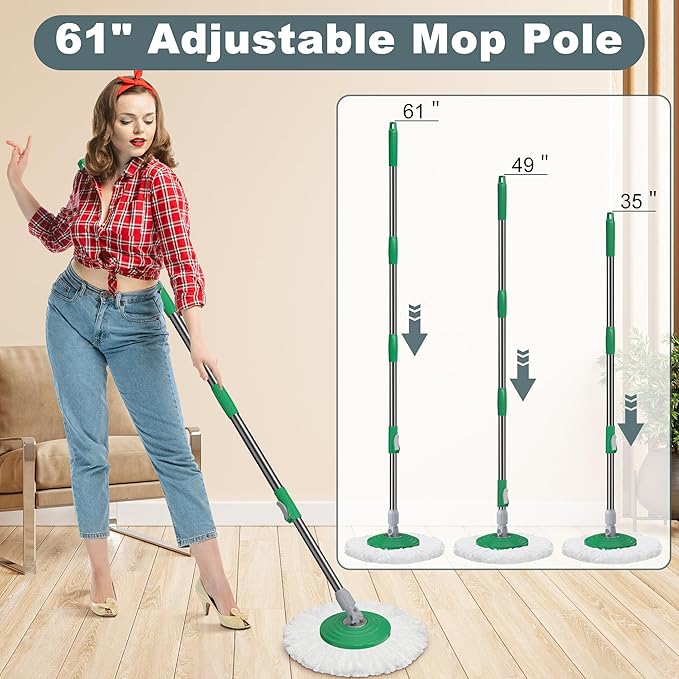 Dual Compartment Spin Mop and Bucket, Mop and Bucket with Wringer Set,360°Rotating Spinning Mopping for Floor Cleaning with 6 Microfiber Replacement Heads, 61" Extended Handle, 2X Wheel - Deep Green