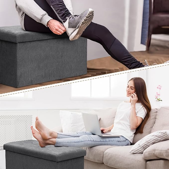 Athena Collection 30" Storage Ottoman Bench Folding Bench with 90L Hidden Storage, Large End of Bed Bench Linen Foot Rest Stool Chest with Flipping Lid for Living Room, Bedroom, Entryway, Dark Gray