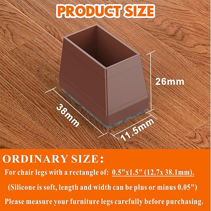 Rectangle Chair Leg Protectors for Hardwood Floors,16 PCS Silicone Covers to Protect Wood Tile Floors Felt Pads Furniture Leg Caps Reduce Noise. Easy to Move.(Brown,0.5 x 1.5 Inch,Rectangle)